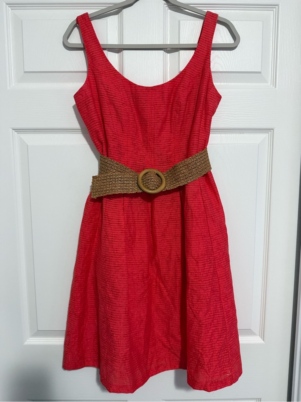 Nine West Coral Sleeveless Fit-and-Flare Dress with Woven Belt